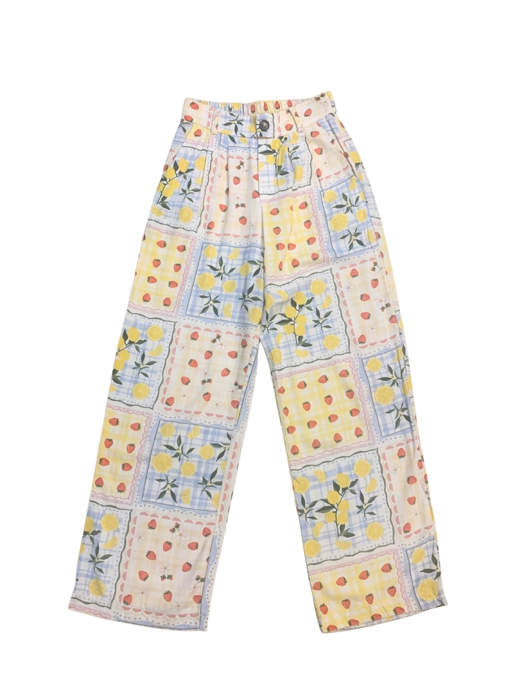 Lemons Strawberry Print Crop Linen Pants Yellow Blue Euro Summer Mediterranean